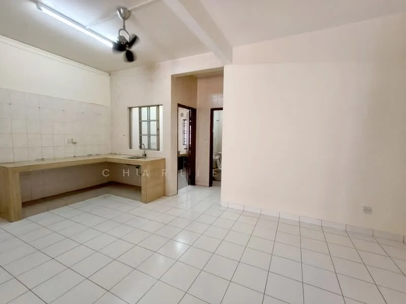 Kitchen features: white tiled flooring, light beige walls, kitchen countertop with wooden finish, single-bowl stainless-steel sink, wall-mounted cabinets, ceiling fan, fluorescent lighting, open layout. Room features: white painted walls, doorway leading to another room, window with grid design.