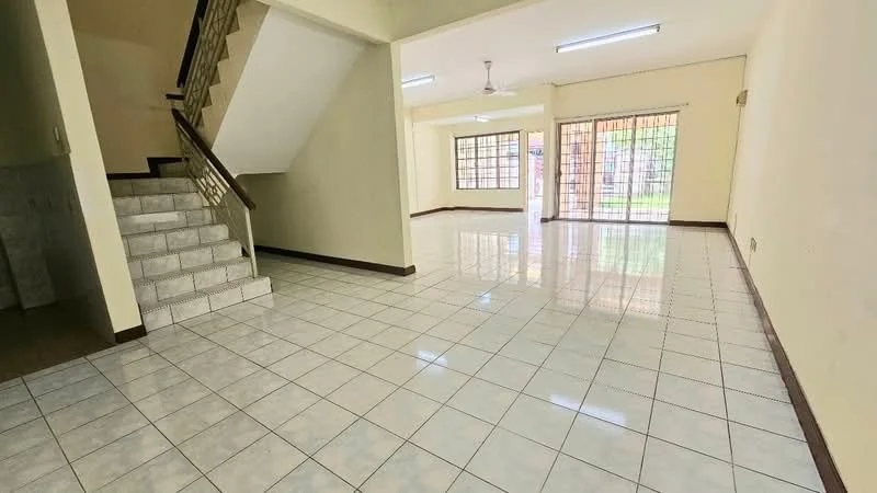 Living features: glossy white ceramic tile flooring, cream painted walls, ceiling fan with light, large sliding glass door, floor-to-ceiling windows, natural light from windows, staircase with wooden railing, open layout, no visible furniture; style: modern; view: garden. Room features: grey ceramic tile flooring, cream painted walls.