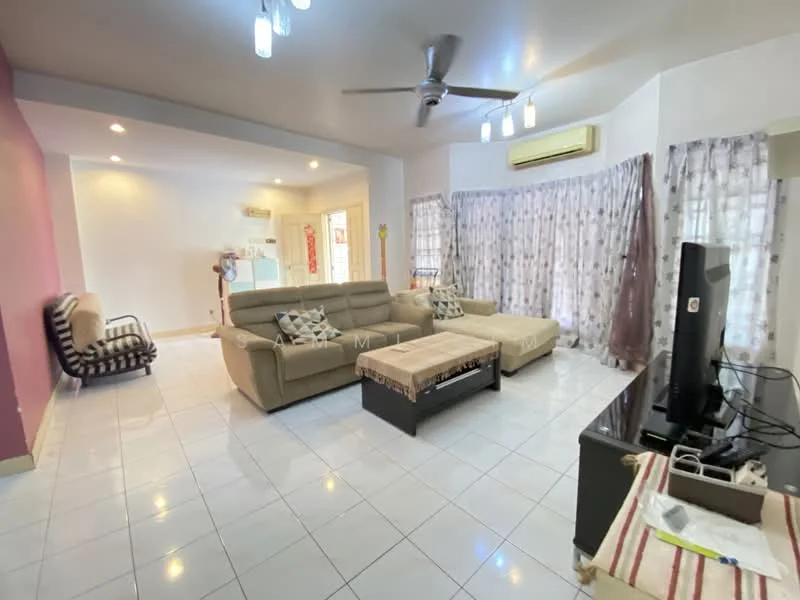Living features: 3-seater fabric sofa in beige, 2-seater fabric sofa in grey, coffee table with decorative cloth, TV console, wall-mounted TV, ceiling fan, recessed downlights, white tiled flooring, cream painted walls, curtains with floral pattern, air conditioning unit; style: modern.