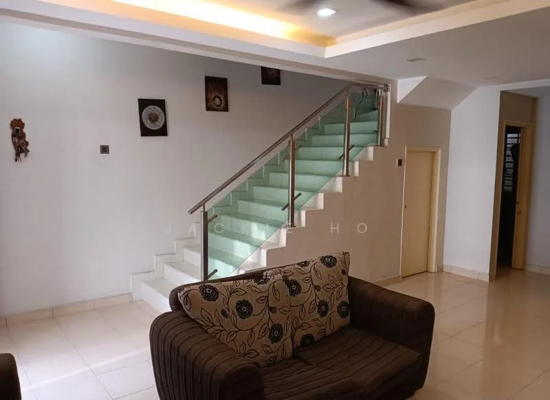 Living features: cream painted walls, white ceiling, staircase with glass railing, tile flooring, sofa with floral pattern, decorative wall art, recessed lighting, doorway leading to another room; style: modern.