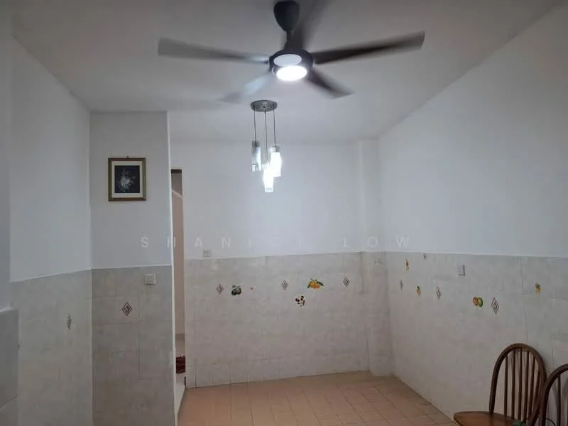 Room features: white painted walls, tile flooring, 5-blade ceiling fan with integrated LED light, hanging pendant lights, decorative wall decals, corner wall with framed artwork.