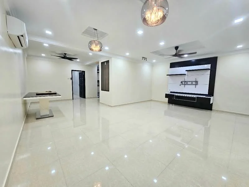 Living features: glossy tile flooring, white painted walls, recessed downlights, 2 pendant lights, ceiling fan, wall-mounted TV console, built-in cabinetry, air conditioning unit, open layout, large windows, neutral color scheme; style: modern.