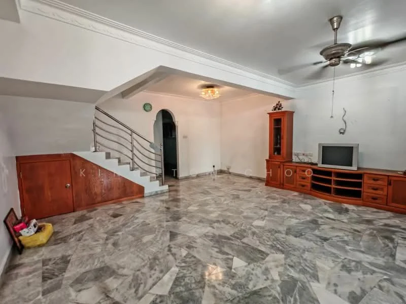 Living features: marble flooring, white painted walls, ceiling fan, chandelier, built-in wooden cabinet, TV console, freestanding TV, staircase with metal railing, corner storage cabinet, large windows, decorative wall light; style: traditional.