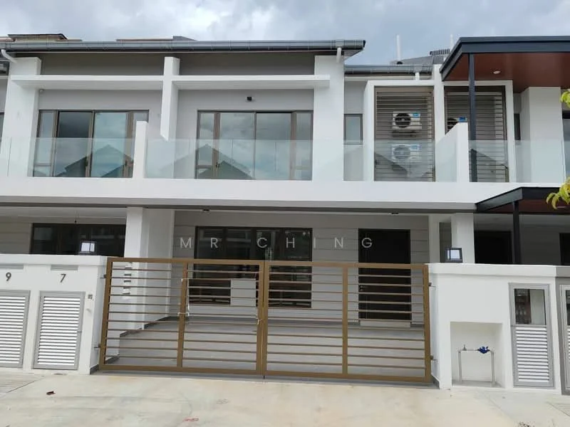 Exterior type: linked terrace house; features: white painted facade, glass balcony railing, metal gate, two-storey structure, visible air conditioning units, outdoor lighting fixtures, paved driveway, front porch area; style: modern.