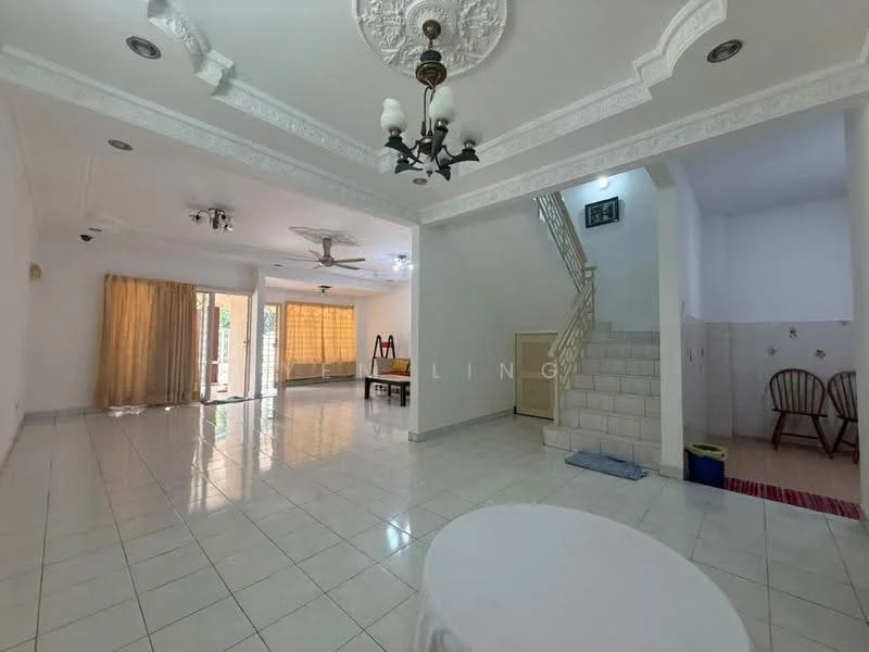 Living features: white painted walls, glossy white tile flooring, tray ceiling with chandelier, 5-blade ceiling fan, large windows with sheer curtains, sliding glass door leading to outdoor area, decorative wall moulding, open layout, natural light from windows; style: modern; view: garden. Dining features: white painted walls, glossy white tile flooring, large windows with sheer curtains, open layout, decorative wall moulding; style: modern; view: garden. Room features: white painted walls, glossy white tile flooring.