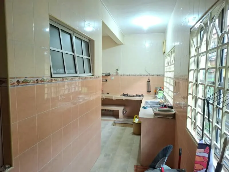 Kitchen features: tile flooring, white tiled walls, double-bowl stainless-steel sink, chrome pull-down faucet, kitchen countertop, gas hob, wall-mounted cabinets, window with grid design, overhead lighting, open layout; style: modern.