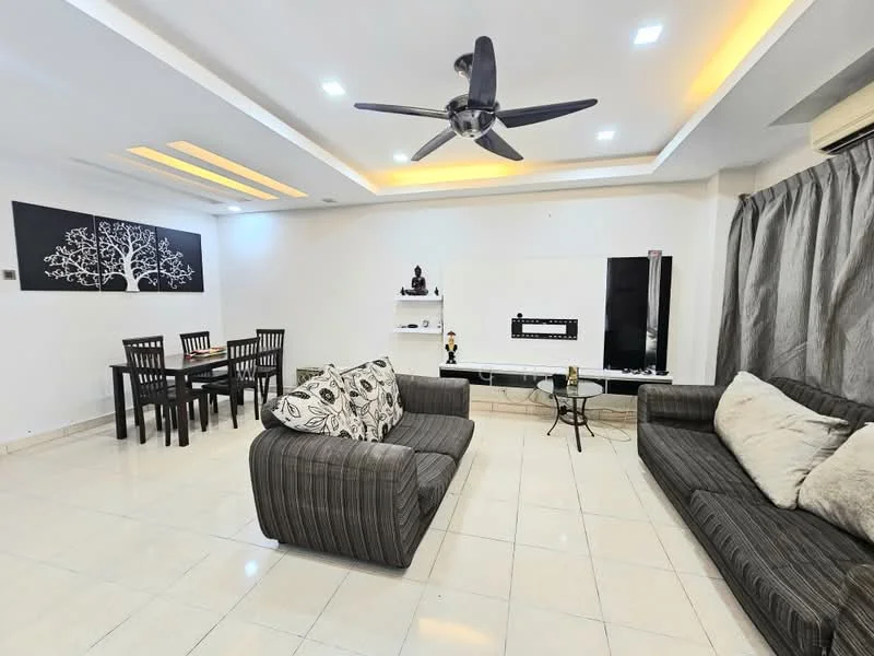 Living features: 3-seater fabric sofa in grey, 2-seater fabric sofa with cushions, coffee table, dining table for 4 with black chairs, wall-mounted TV, white entertainment unit, decorative wall art with tree design, ceiling fan with light, recessed ceiling lights, cream tiled flooring, curtains in grey, decorative statue on shelf; style: modern.