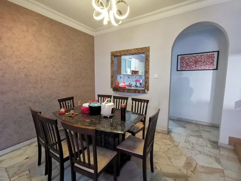 Dining features: round dining table with black marble top, 8 wooden dining chairs, chandelier with multiple bulbs, decorative wall mirror, textured beige accent wall, marble flooring, arched doorway leading to another room, wall art in red and white; style: modern.
