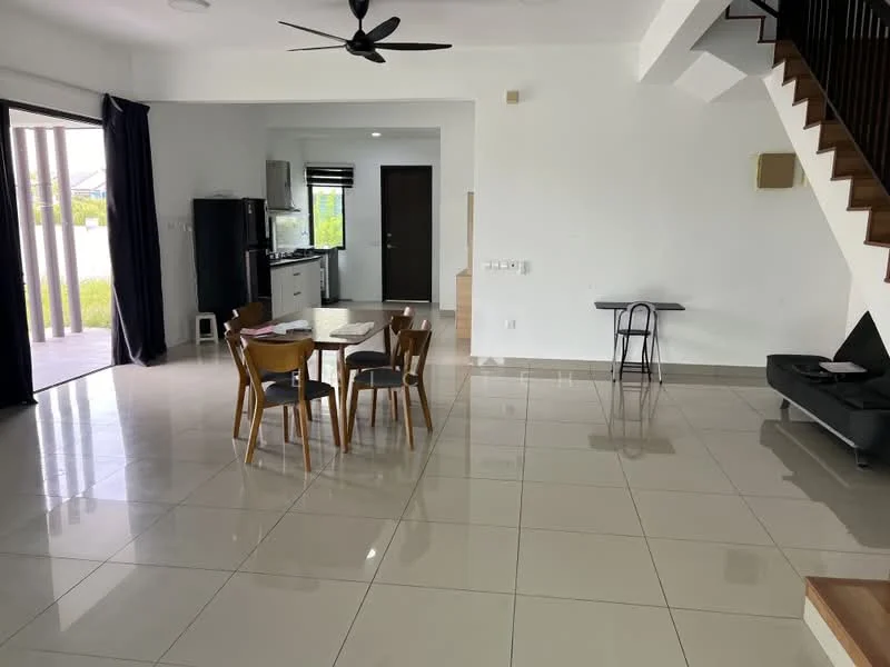 Living features: white painted walls, glossy ceramic tile flooring, 5-blade ceiling fan, large windows with black frames, black curtains, dining table with four wooden chairs, black sofa, staircase with wooden steps, open layout, kitchen area visible in background; style: modern; view: garden.