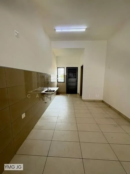 Laundry features: wall-mounted sink, single-bowl sink, chrome faucet, cream tiled walls, light-colored floor tiles, fluorescent ceiling light, window for natural light, door leading to another room.