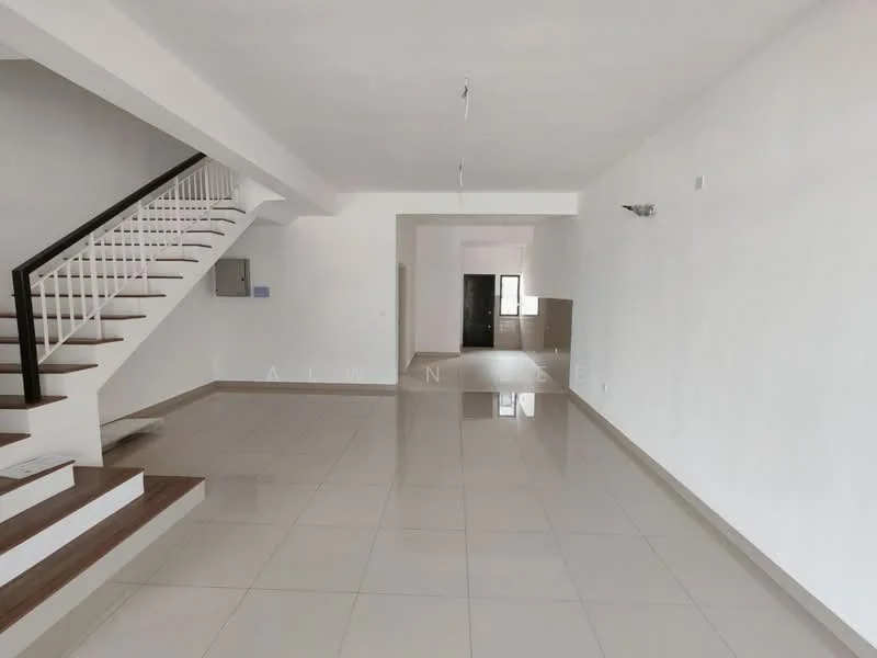 Room features: white painted walls, glossy ceramic tile flooring, staircase with wooden treads and white railing, recessed downlights, large window for natural light, open layout, neutral color scheme, no visible furniture or decor; style: modern.