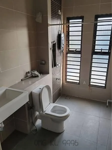 Bathroom features: white ceramic toilet, single-sink vanity with white cabinet, chrome basin mixer faucet, walk-in shower with glass enclosure, rain shower head, handheld shower, grey tile flooring, brown accent wall with tile cladding, two vertical windows with slatted treatments, towel rack, shower caddy; style: modern.