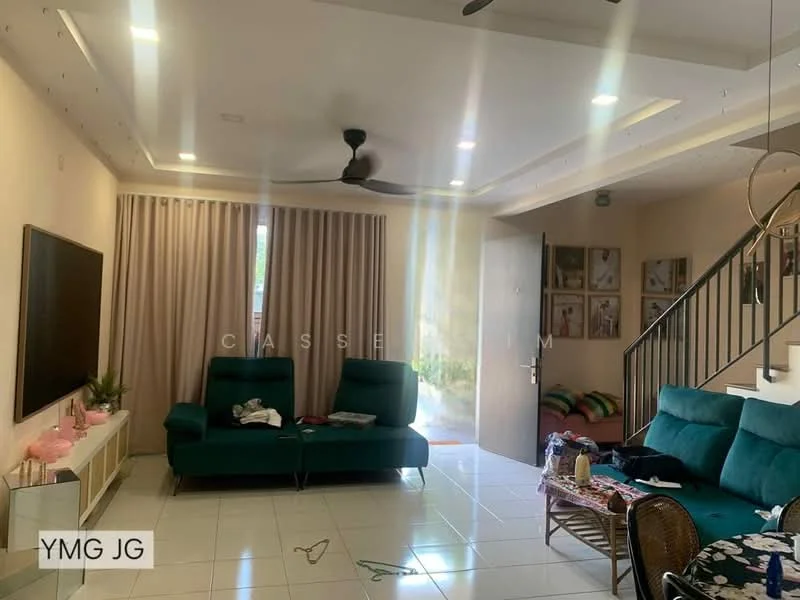 Living features: green fabric L-shape sectional sofa, 2-seater fabric sofa, coffee table, wall-mounted TV, white TV console, ceiling fan, recessed downlights, large sliding glass door, floor-to-ceiling curtains, white tiled flooring, decorative wall art, area rug; style: modern; view: garden.