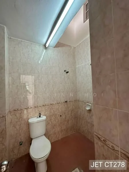 Bathroom features: one-piece toilet, wall-mounted faucet, shower head, tile cladding on walls, ceramic tile flooring, flush-mounted ceiling light, toilet paper holder, mirror above sink.