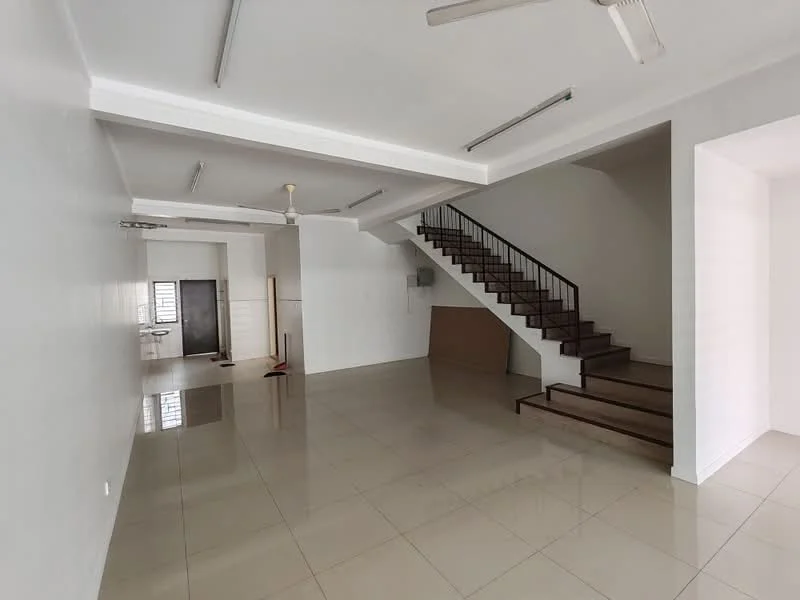 Room features: white painted walls, glossy ceramic tile flooring, staircase with wooden steps, ceiling fan, recessed lighting, open layout, large windows, no visible furniture; style: modern.