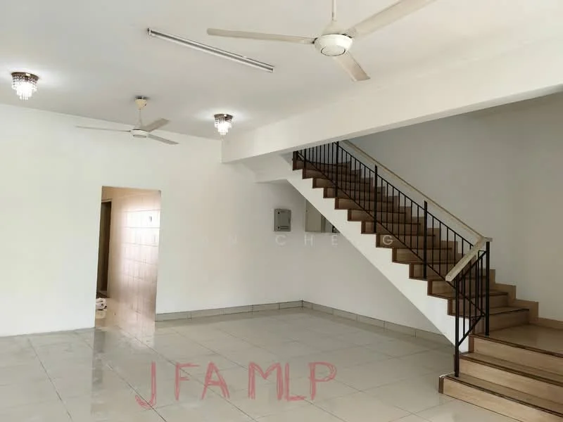 Living features: white painted walls, polished floor tiles, 2 ceiling fans, staircase with wooden steps and metal railing, recessed ceiling lights, open layout, large space, no visible furniture; style: modern.