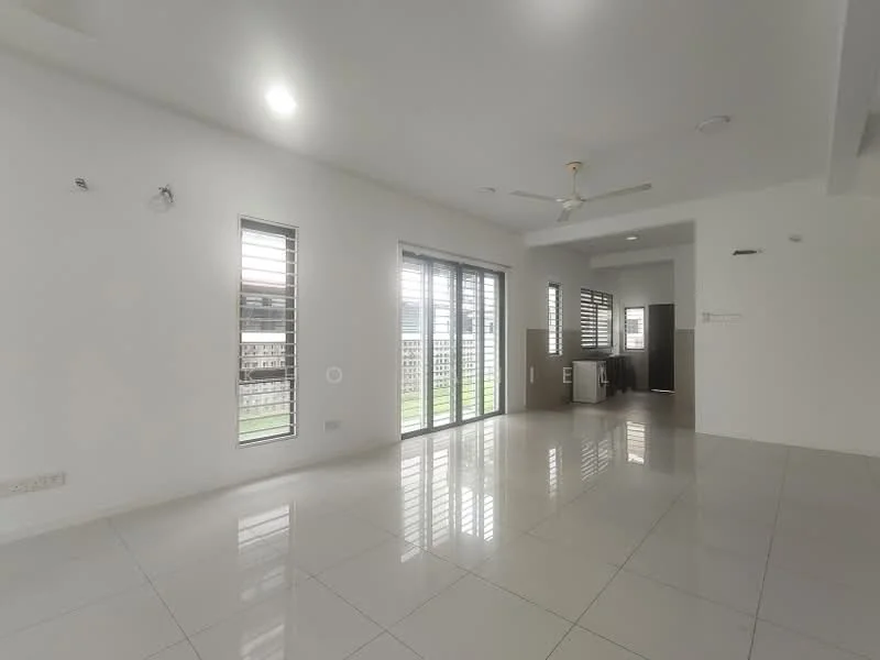 Living features: white painted walls, glossy ceramic tile flooring, 5-blade ceiling fan with light, floor-to-ceiling windows, sliding glass door, window with horizontal slats, natural light, open layout, neutral color scheme; style: modern; view: garden.