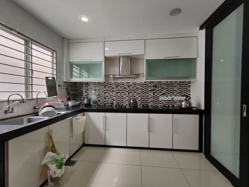 Kitchen features: white cabinetry with glass panels, black countertop, stainless-steel range hood, built-in oven, stainless-steel sink, chrome pull-down faucet, mosaic tile backsplash, ceramic tile flooring, window with horizontal blinds, dish rack, kitchen appliances visible; style: modern.