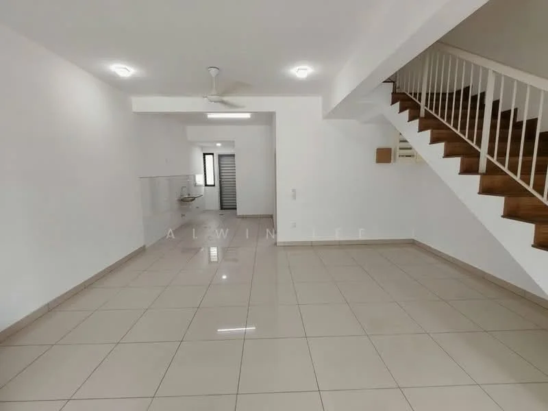 Living features: white painted walls, glossy ceramic tile flooring, 5-blade ceiling fan, recessed downlights, staircase with wooden steps, open layout, large window, air conditioning unit; style: modern. Kitchen features: white cabinetry, single-bowl stainless-steel sink, countertop with backsplash, built-in kitchen appliances, open layout to living area; style: modern.