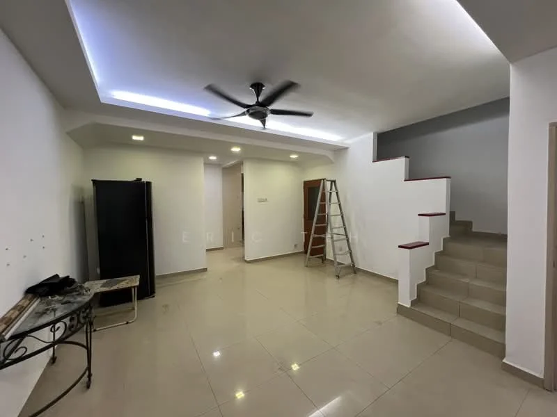 Living features: white painted walls, polished ceramic tile flooring, 5-blade ceiling fan with light, recessed LED downlights, staircase with white walls, black refrigerator, metal ladder, decorative console table; style: modern.