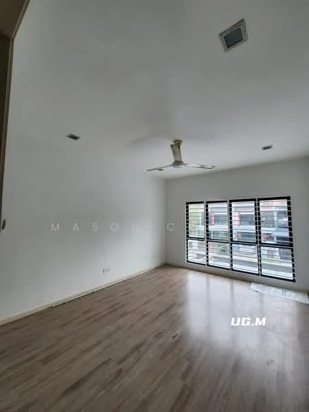 Living features: light wood laminate flooring, white painted walls, exposed ceiling with recessed lighting, 5-blade ceiling fan, floor-to-ceiling windows, black metal window grilles, natural light from windows; style: modern.
