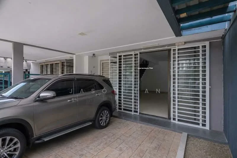 Exterior type: linked terrace house; features: grey painted facade, sliding glass door, metal grille windows, stone-paved driveway, car porch, single-storey, covered entrance, manicured landscaping; style: modern.