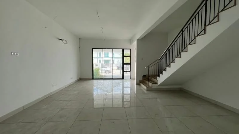 Living features: white painted walls, polished ceramic tile flooring, large glass sliding door, staircase with wooden steps, metal railing, natural light from windows, open layout, no visible furniture; style: modern.