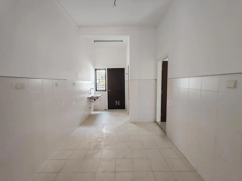 Room features: white tiled walls, white tiled flooring, single-bowl sink, window with metal grille, door leading to another room, door leading to outside, ceiling light fixture, plain ceiling; style: minimalist.