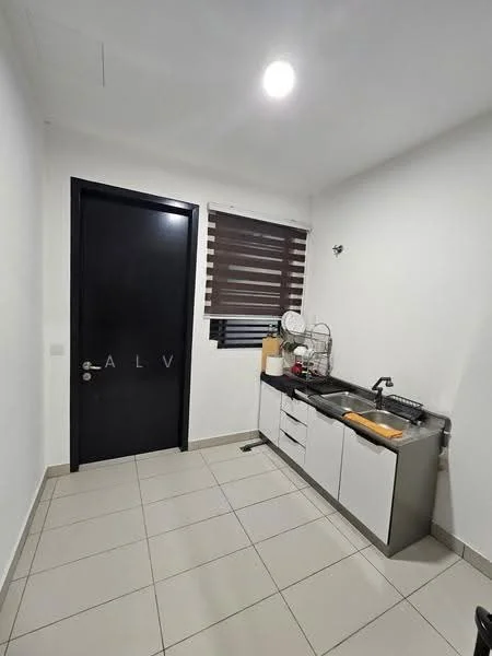 Kitchen features: white cabinetry, stainless-steel sink, chrome pull-down faucet, black countertop, tile flooring, window with blinds, kitchen appliances, wall-mounted storage, light fixture, door with black frame; style: modern.