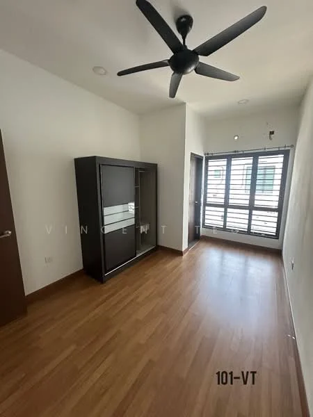 Room features: wooden flooring, white painted walls, ceiling fan, large windows with horizontal slats, black cabinet unit, natural light from windows, neutral color scheme; style: modern.