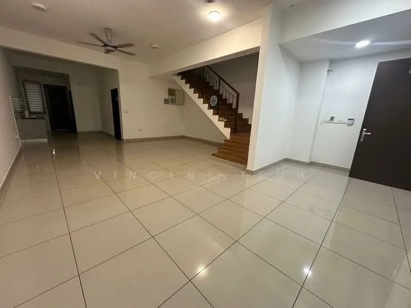 Living features: large floor tiles, white painted walls, 5-blade ceiling fan, recessed downlights, staircase with wooden steps, open layout, large windows, neutral color scheme; style: modern.