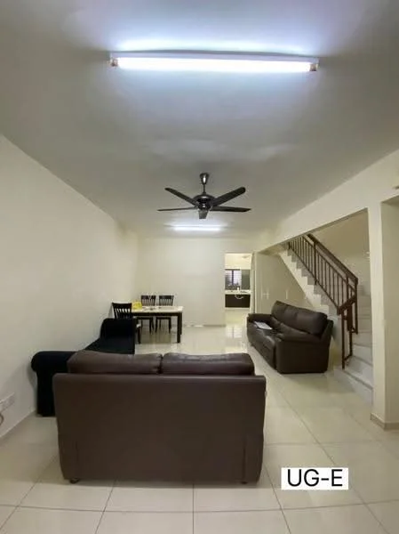 Living features: cream painted walls, glossy tile flooring, 5-blade ceiling fan with light, 2-seater leather sofa in brown, 3-seater fabric sofa in black, dining table with 4 chairs, staircase leading to upper floor, recessed lighting, open layout; style: modern.