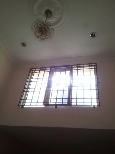 Room features: ceiling rose, decorative light fixture, window with security grille, painted walls in light color, recessed downlights.