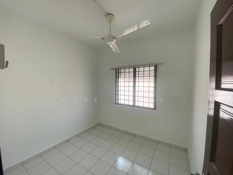 Room features: white painted walls, ceiling fan, square ceramic tile flooring, window with grid pattern, light from window, neutral color scheme, no visible furniture, single door, corner location; style: minimalist.