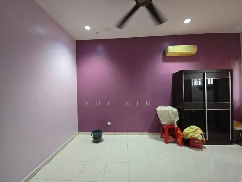 Room features: purple painted walls, white tiled flooring, ceiling fan, wall-mounted air conditioning unit, black storage cabinet, red plastic chair, bucket, folded cloth on chair.