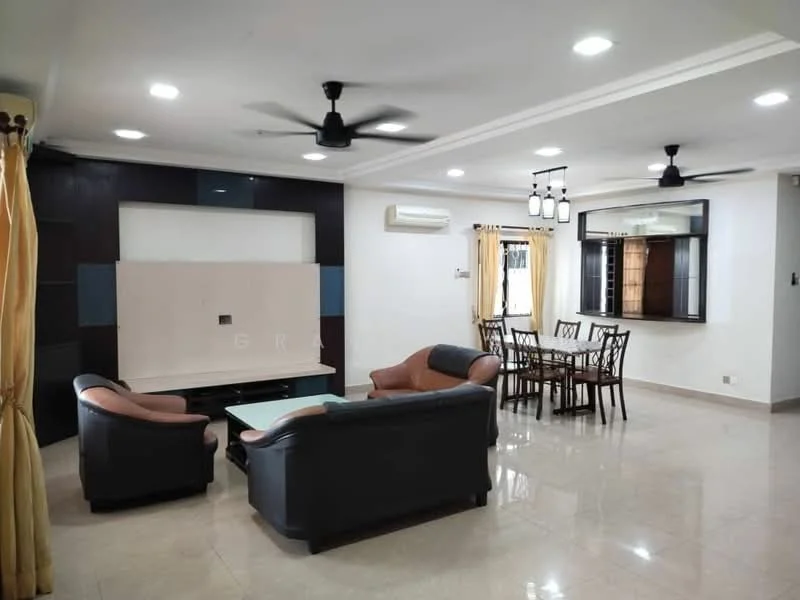 Living features: 2-seater leather sofa in black, 3-seater fabric sofa in brown, coffee table, wall-mounted TV console, ceiling fan, recessed downlights, cream painted walls, marble tile flooring, curtains, air conditioning unit, decorative wall panel, dining table with chairs; style: modern.