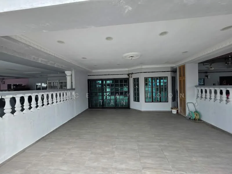 Room features: white painted walls, grey tiled flooring, ceiling with recessed lighting, decorative ceiling rose, balustrade railing, large glass sliding doors, multiple ceiling fans, open layout; style: modern.