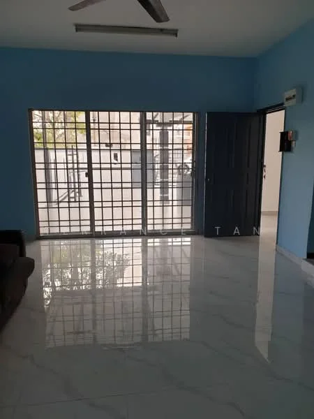 Living features: blue painted walls, marble tile flooring, 5-blade ceiling fan, floor-to-ceiling windows, sliding glass door, black security grille, natural light from windows, open layout; style: modern; view: courtyard.