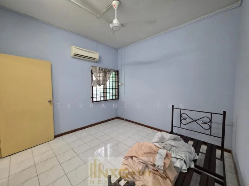 Bedroom features: light blue painted walls, white tiled flooring, ceiling fan, window with grid pattern, air conditioning unit, single bed frame, bedding on bed frame, yellow door.