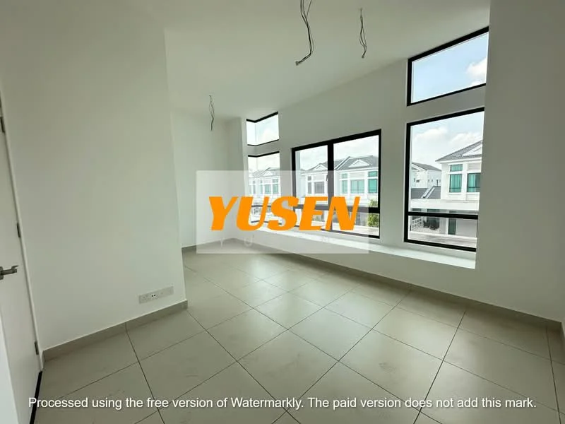 Room features: white painted walls, large floor-to-ceiling windows, grey tile flooring, ceiling with exposed wiring, natural light from windows, corner window, open layout; style: modern; view: garden.