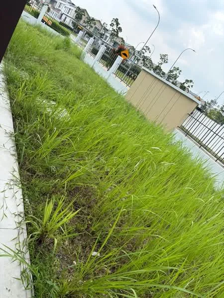 Exterior features: overgrown grass, fenced perimeter, paved walkway, road access, surrounding residential area, signage visible, open space.