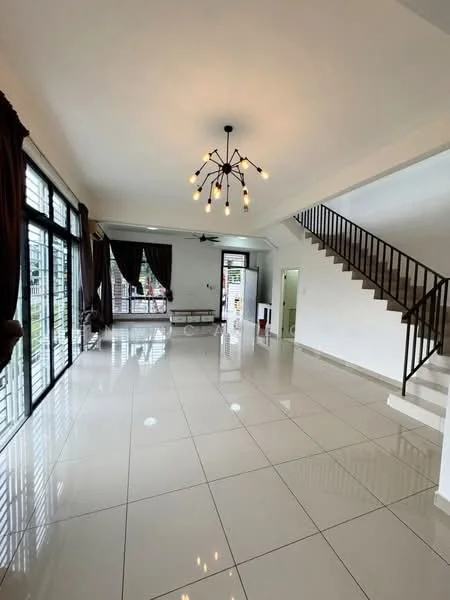 Living features: white painted walls, glossy ceramic tile flooring, exposed ceiling with pendant light fixture, 5-blade ceiling fan, floor-to-ceiling windows, blackout curtains, open layout, staircase with metal railing, natural light from windows, door leading to outdoor area; style: modern; view: garden.