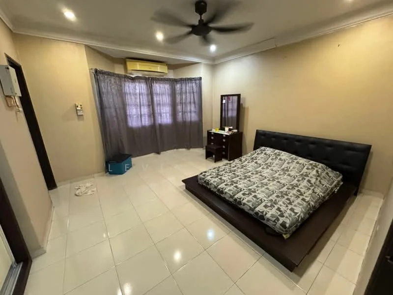 Bedroom features: king-size bed with upholstered headboard, bedding with patterned duvet cover, white wall tiles, cream painted walls, ceiling fan, window with sheer curtains, wooden bedside table, full-length mirror, air conditioning unit, sliding door access to outdoor area, tile flooring; style: modern.