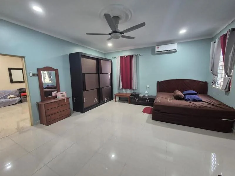 Bedroom features: queen-size bed with brown bedding, upholstered headboard, 3-blade ceiling fan, wall-mounted split AC, large wardrobe with sliding doors, wooden dresser with mirror, red curtains, white painted walls, glossy tile flooring; style: modern.