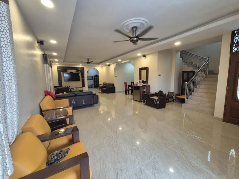 Living features: cream painted walls, glossy marble tile flooring, 5-blade ceiling fan with light, sofa in dark grey, 2-seater fabric sofa in beige, wooden coffee table, TV console, wall-mounted TV, area rug, sheer curtains, decorative wall art, recessed LED downlights; style: modern. Dining features: dining table with 4 chairs, wooden dining chairs, decorative centerpiece, wall-mounted mirror; style: modern.