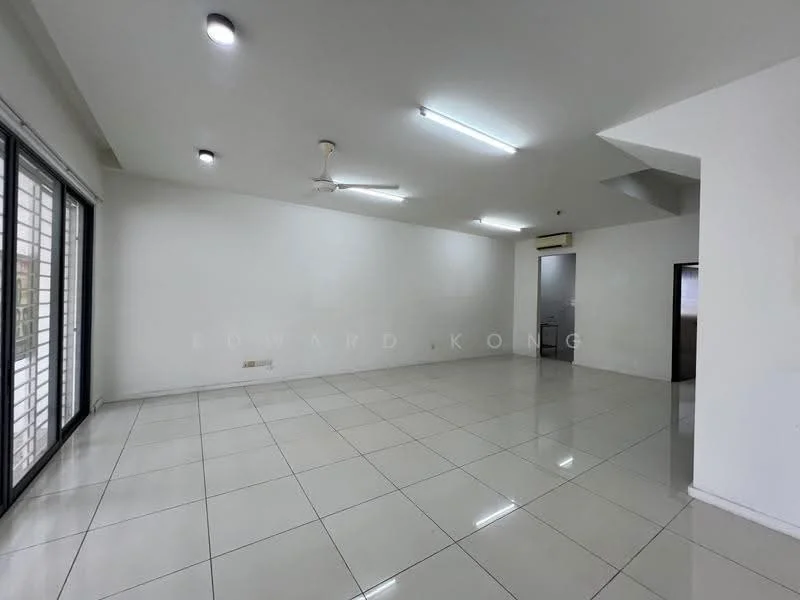 Living features: white painted walls, glossy white tile flooring, recessed LED downlights, 5-blade ceiling fan, floor-to-ceiling windows, sliding glass door, open layout, neutral decor; style: modern.