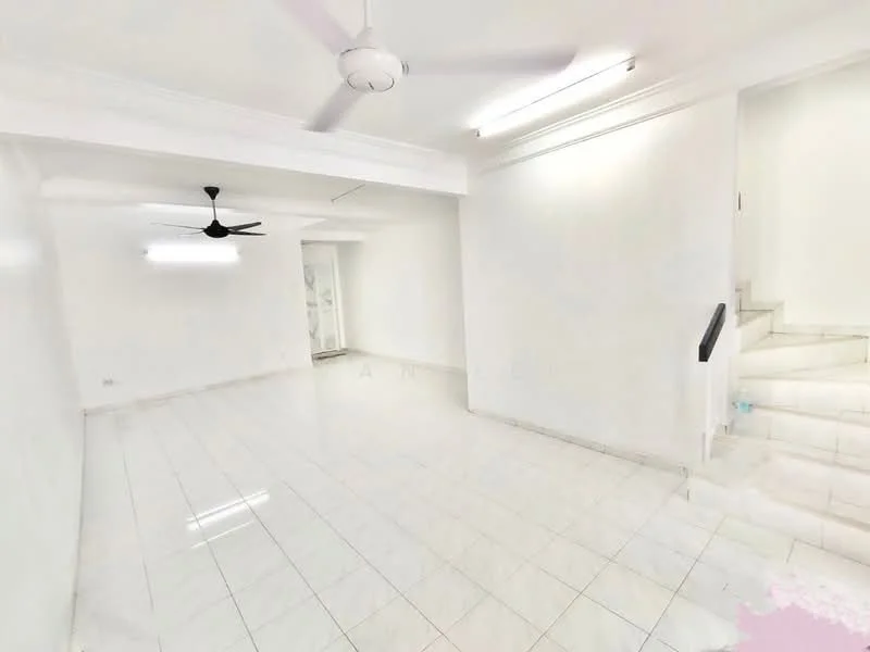 Living features: white painted walls, glossy white tile flooring, 5-blade ceiling fan, recessed downlights, staircase leading to upper level, large open space, natural light from windows, no visible furniture; style: modern.