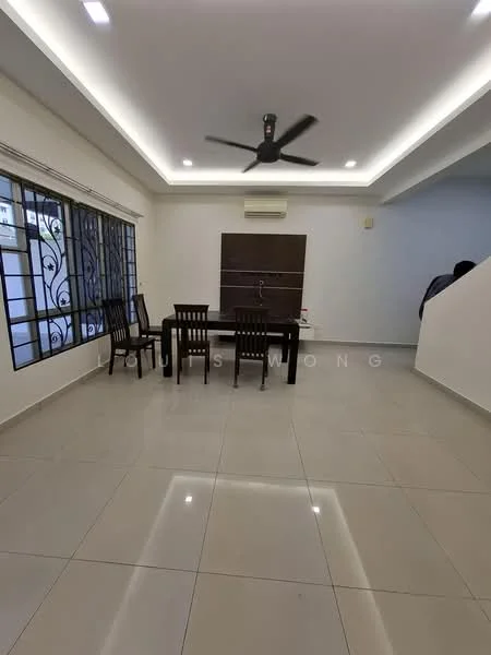 Dining features: rectangular dining table, four wooden dining chairs, white painted walls, recessed ceiling lights, ceiling fan, large windows with metal grilles, tile flooring, air conditioning unit, wooden cabinet against the wall; style: modern.