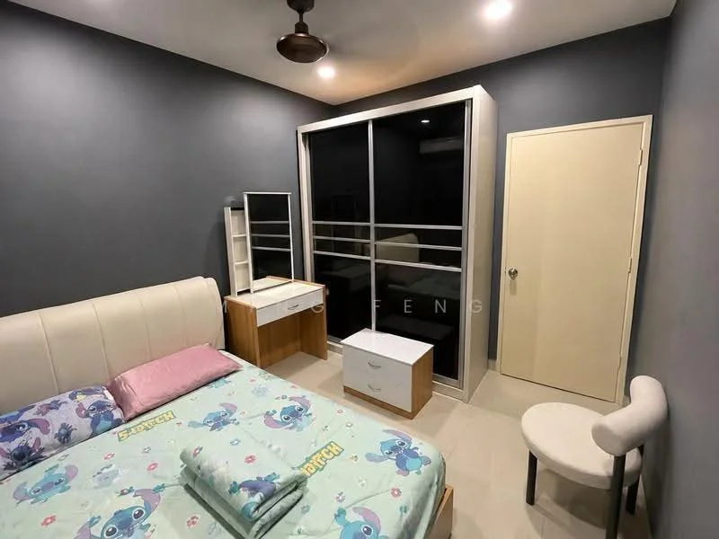 Bedroom features: queen-size bed with upholstered headboard, bedding with cartoon character design, 2 bedside tables with drawers, built-in wardrobe with sliding doors, white chair, ceiling fan, grey painted walls, tile flooring; style: modern.