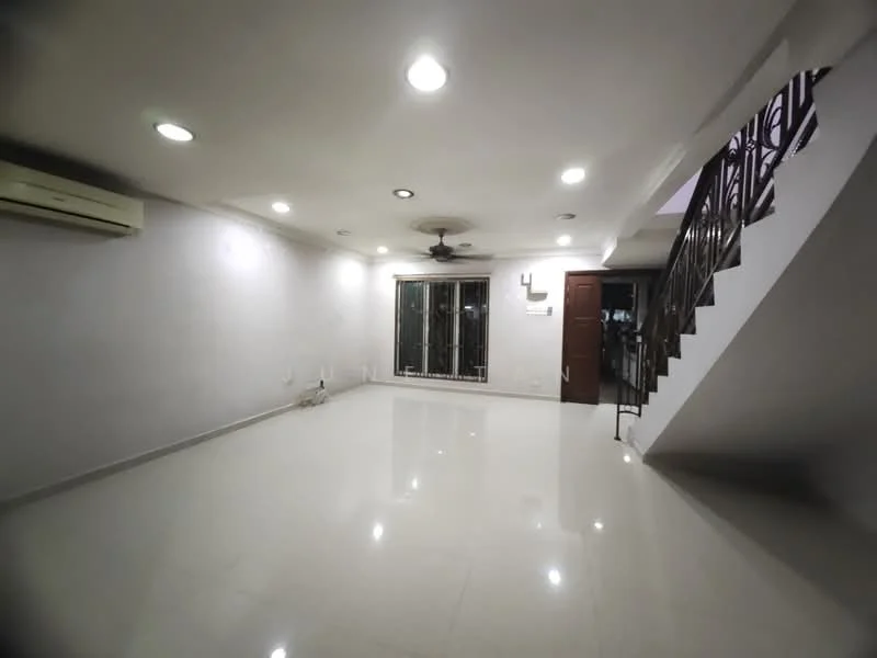 Living features: white painted walls, polished ceramic tile flooring, 5-blade ceiling fan with light, recessed downlights, floor-to-ceiling windows, sliding glass door, air conditioning unit, staircase with metal railing; style: modern.